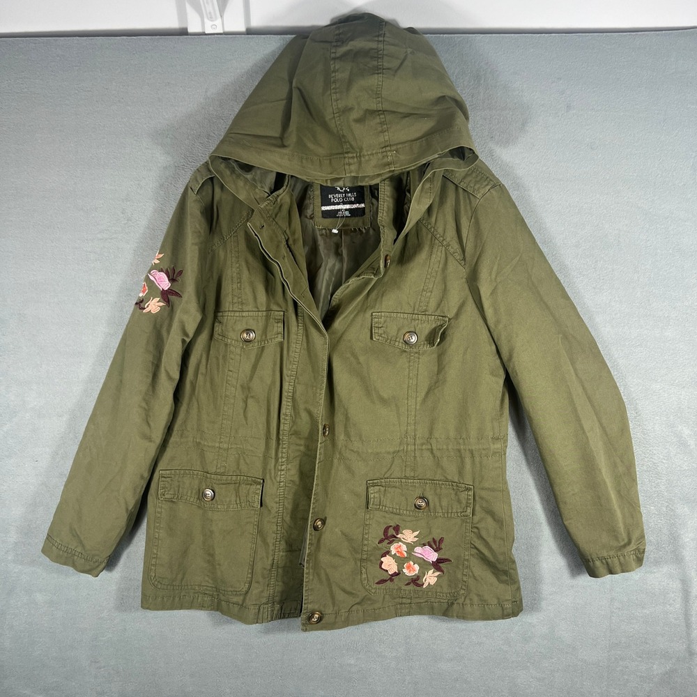 Beverly Hills Polo Club Womens Utility Jacket XL Green Vintage Floral Embroidery